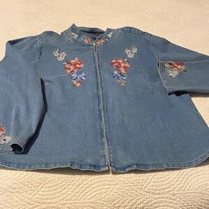 Denim & Co Blue Jean Jacket with Floral Embroidery 1X